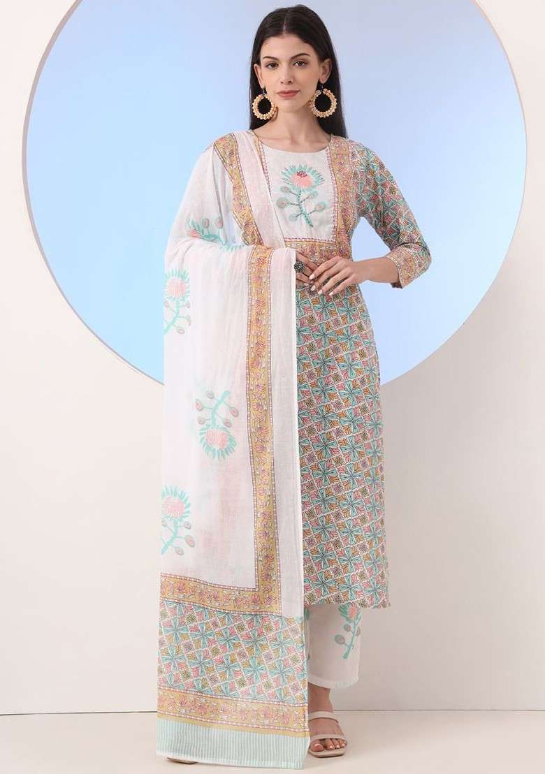 White Printed Cotton Straight Kurta Set - Indya