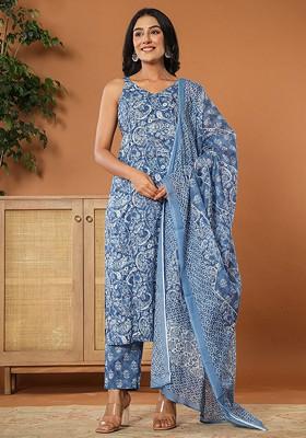 Blue Paisley Print Cotton Kurta Set
