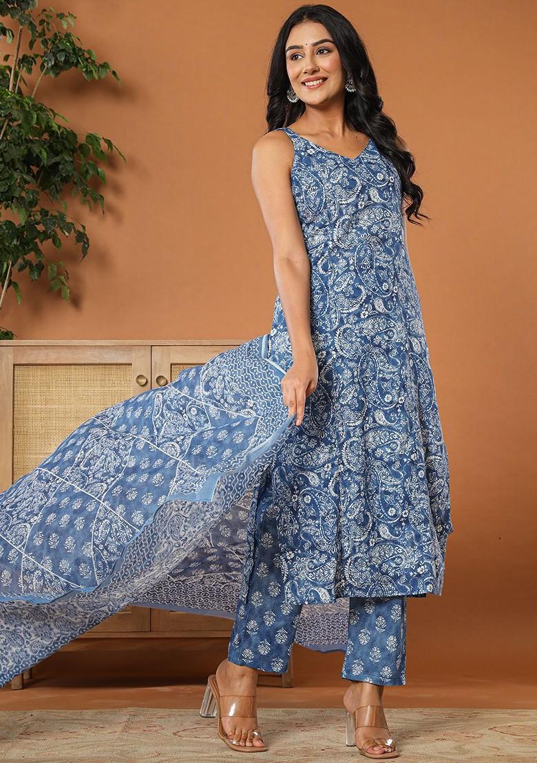 Blue Paisley Print Cotton Kurta Set