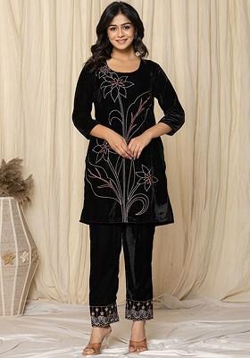 Black Embroidered Poly Blend Co-Ord Set