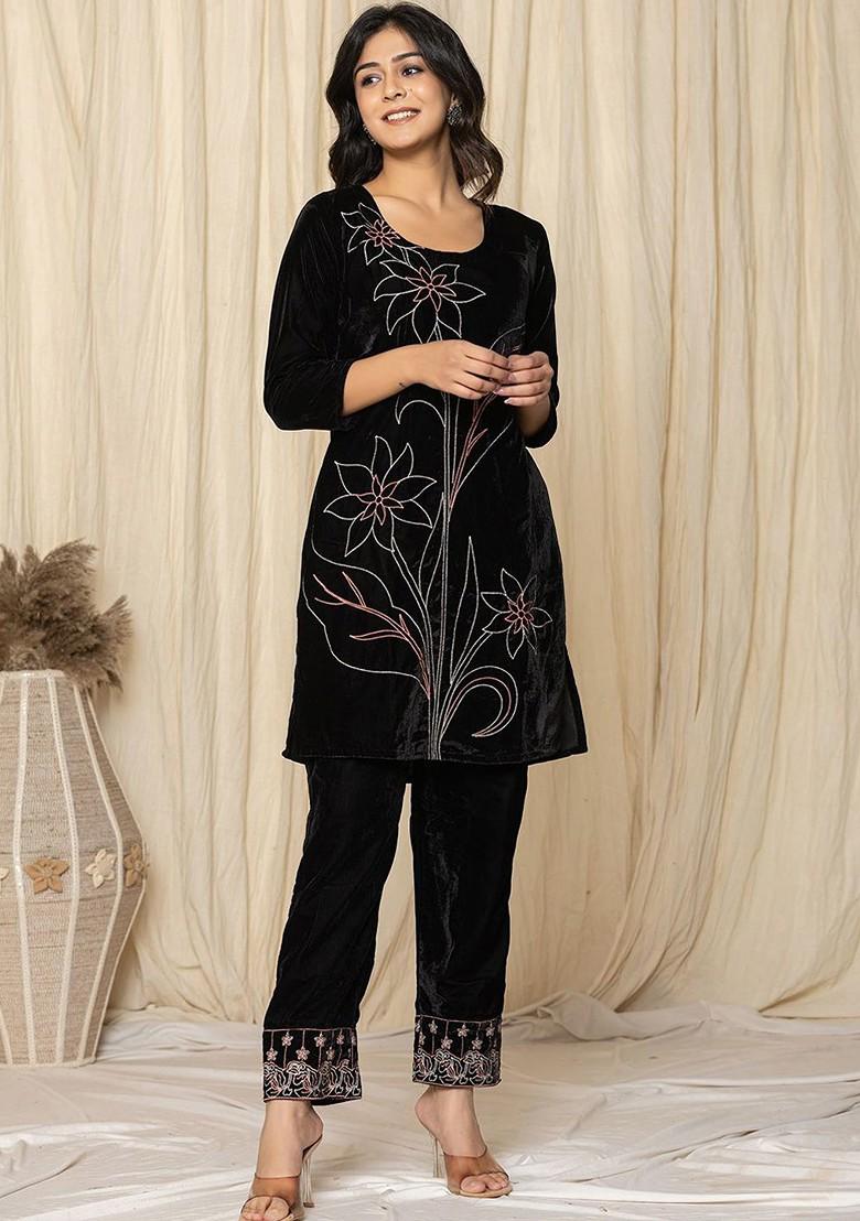 Black Embroidered Poly Blend Co-Ord Set