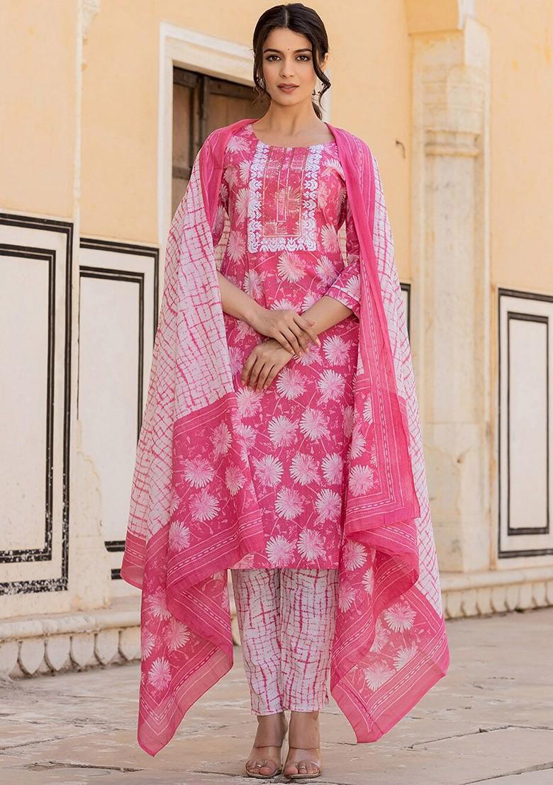 Pink Floral Print Cotton Kurta Set