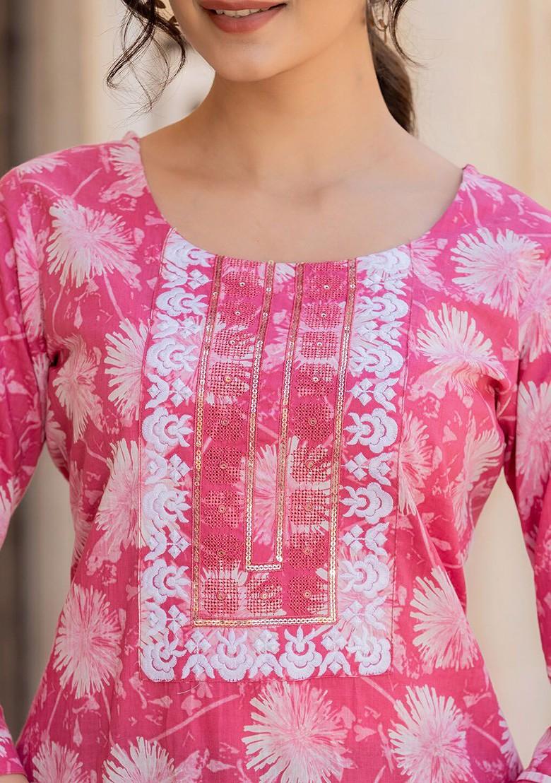 Pink Floral Print Cotton Kurta Set