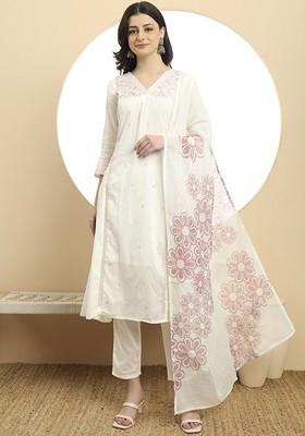 White Embroidered Cotton Kurta Set