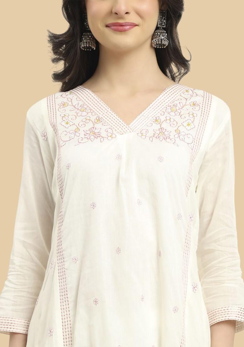 White Embroidered Cotton Kurta Set