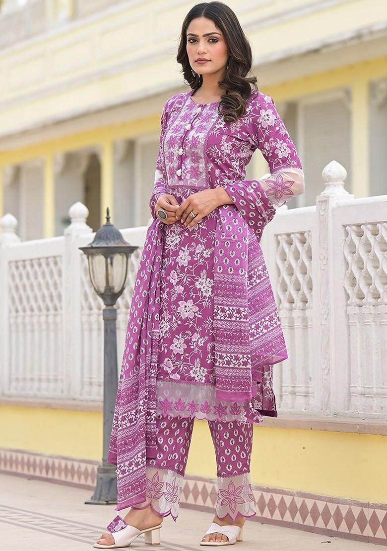 Lavender Printed Cotton Kurta Set