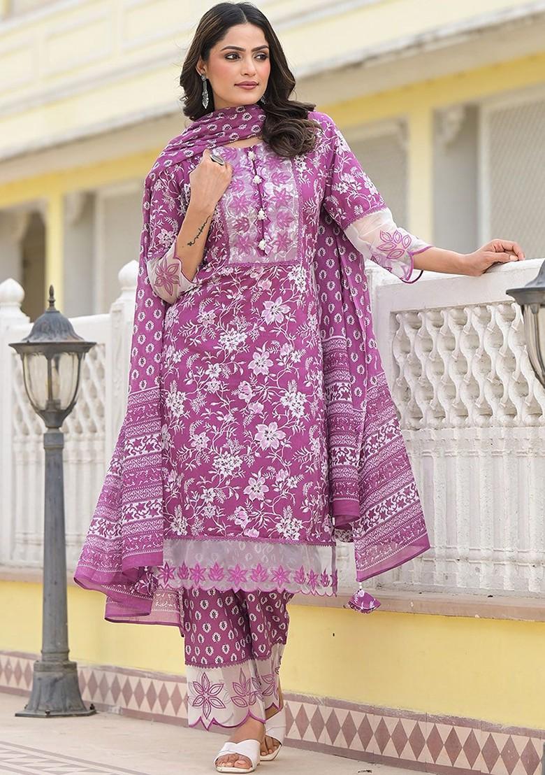 Lavender Printed Cotton Kurta Set