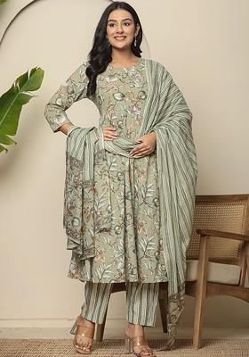 Green Floral Print Cotton Kurta Set
