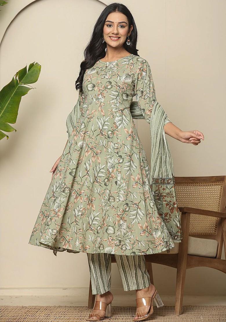 Green Floral Print Cotton Kurta Set