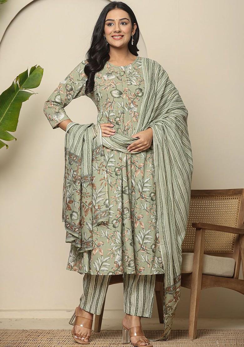 Green Floral Print Cotton Kurta Set