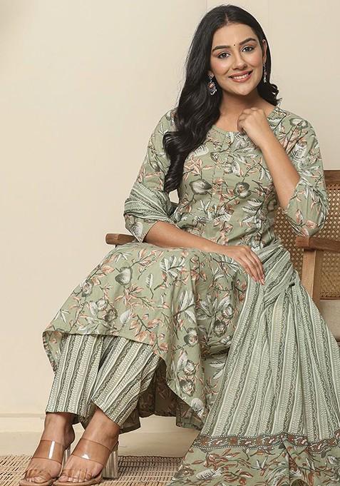 Green Floral Print Cotton Kurta Set