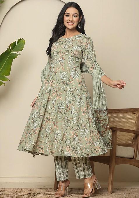 Green Floral Print Cotton Kurta Set