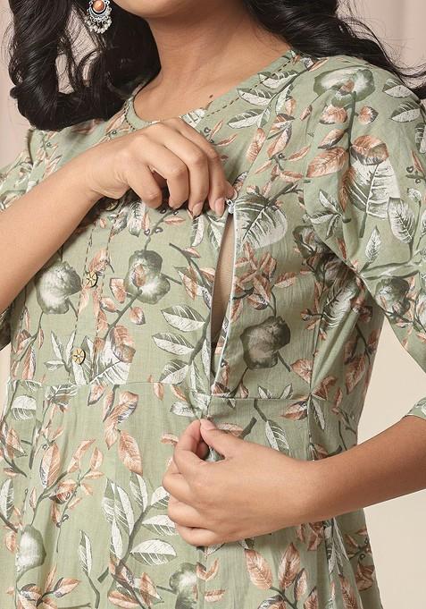 Green Floral Print Cotton Kurta Set