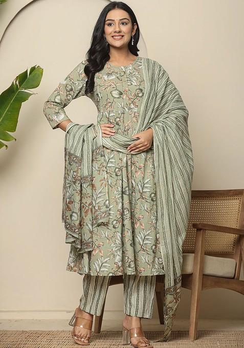 Green Floral Print Cotton Kurta Set