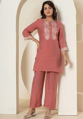 Rust Embroidered Poly Blend Co-Ord Set