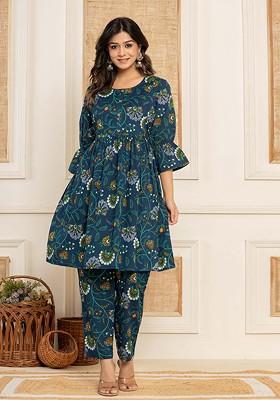 Blue Floral Print Cotton Kurta Set