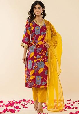 Burgundy Floral Print Cotton Kurta Set