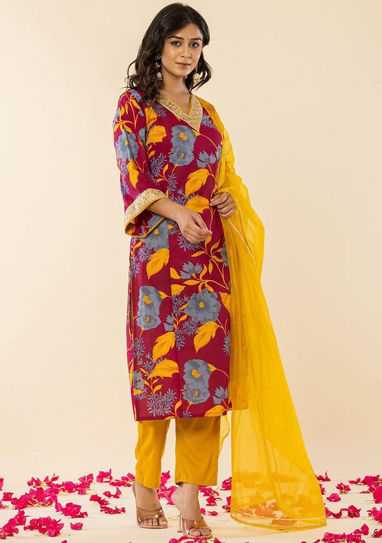 Burgundy Floral Print Cotton Kurta Set