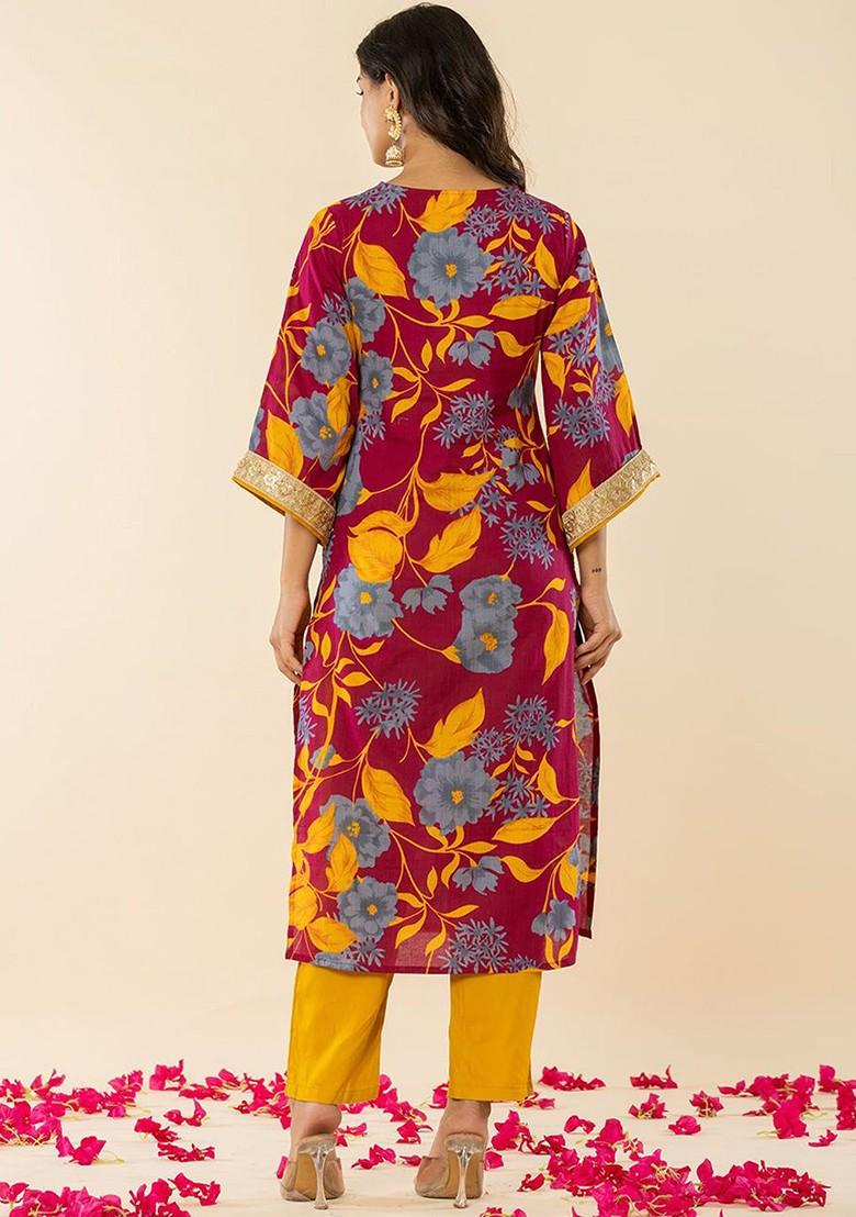 Burgundy Floral Print Cotton Kurta Set