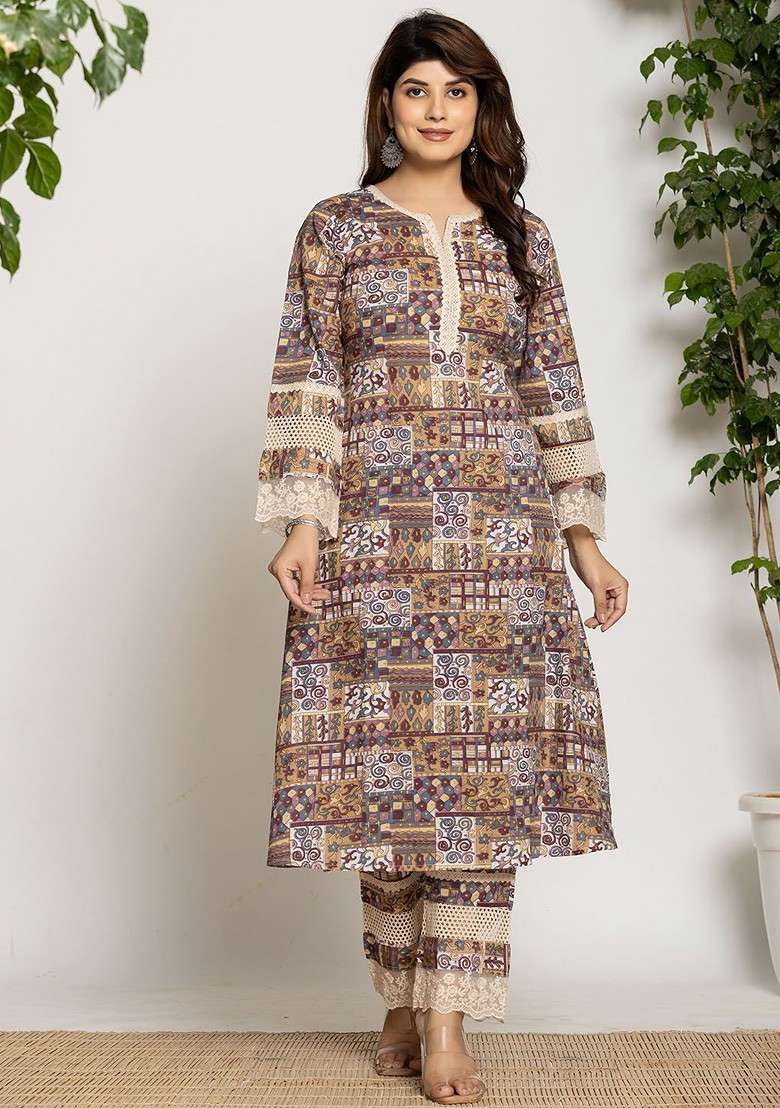 Beige Embroidered Cotton Kurta Set - Indya