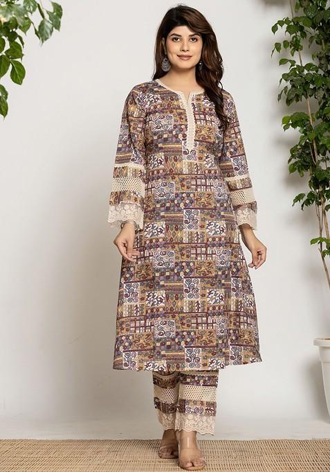Beige Embroidered Cotton Kurta Set