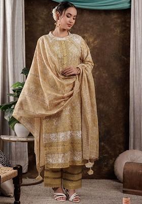 Mustard Embroidered Cotton Kurta Set