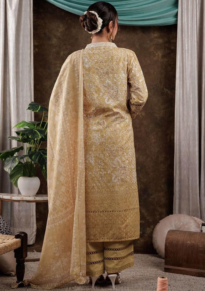 Mustard Embroidered Cotton Kurta Set