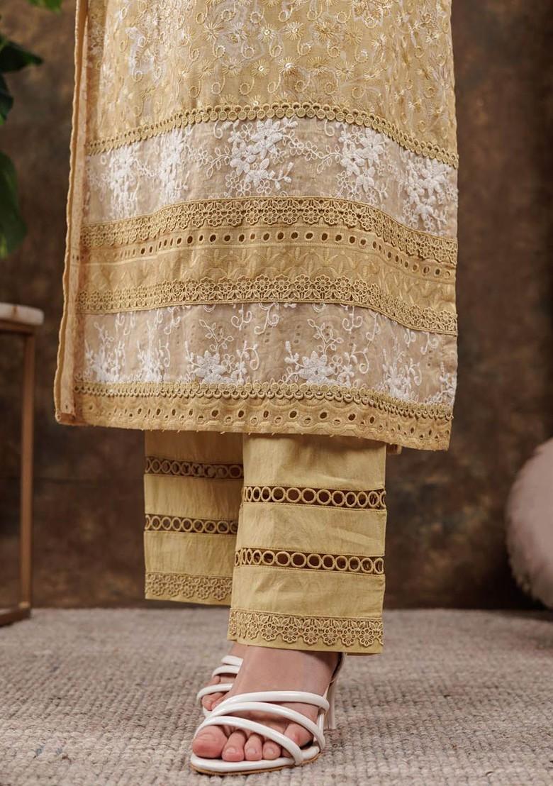 Mustard Embroidered Cotton Kurta Set