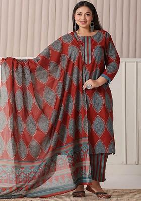 Maroon Printed Cotton Kurta Set