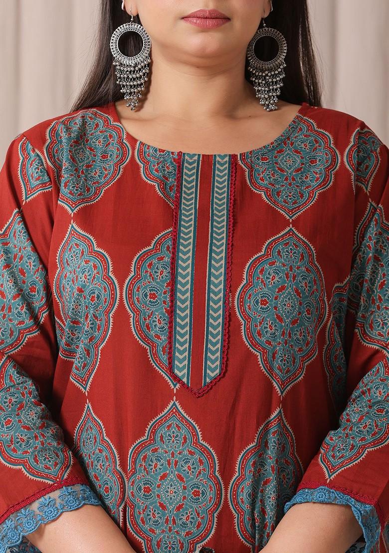 Maroon Printed Cotton Kurta Set