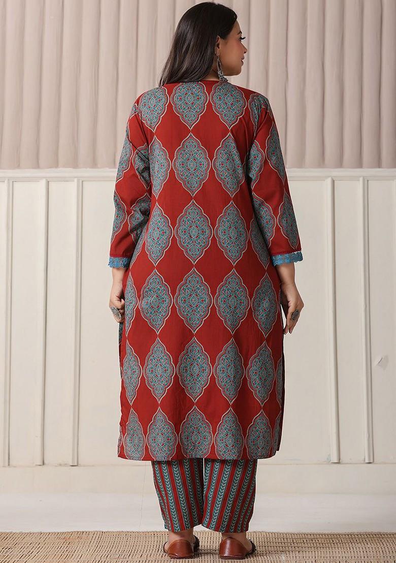 Maroon Printed Cotton Kurta Set