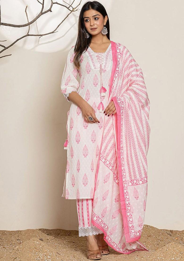 White Printed Cotton Kurta Set