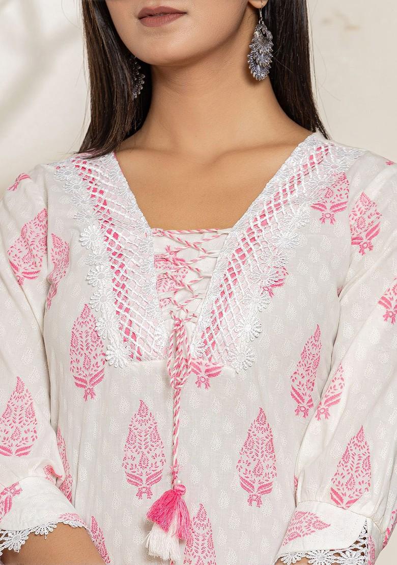 White Printed Cotton Kurta Set