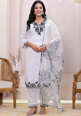 White Embroidered Poly Blend Kurta Set