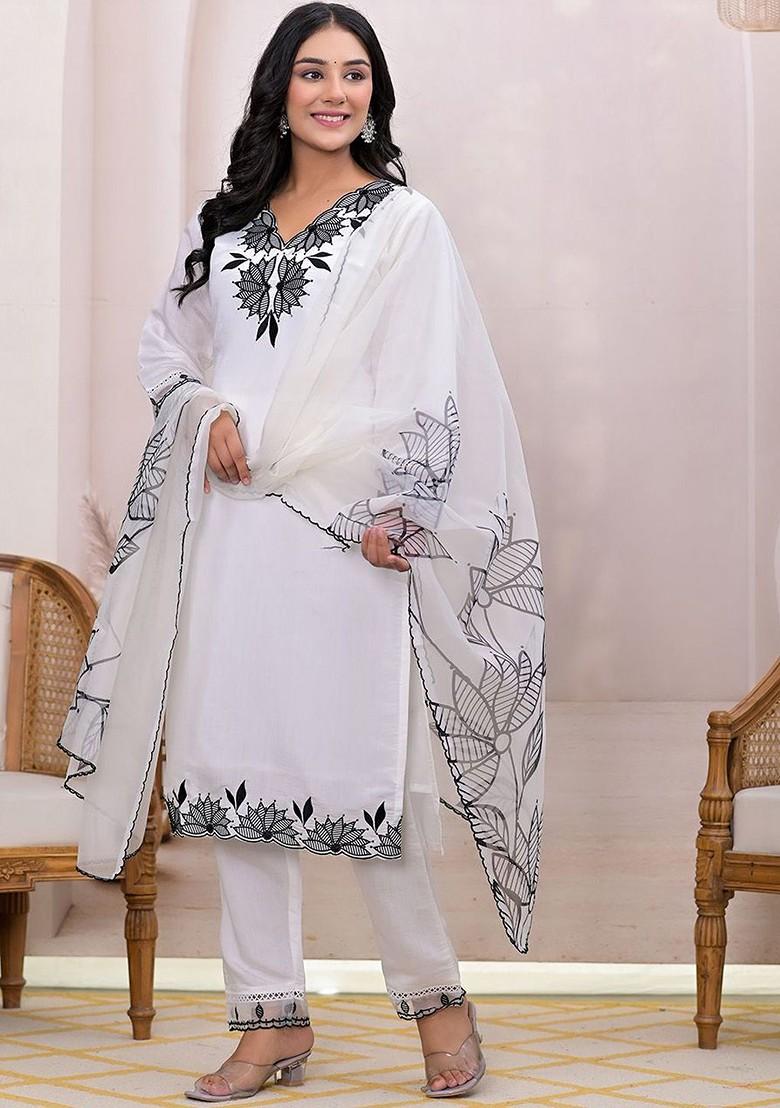 White Embroidered Poly Blend Kurta Set