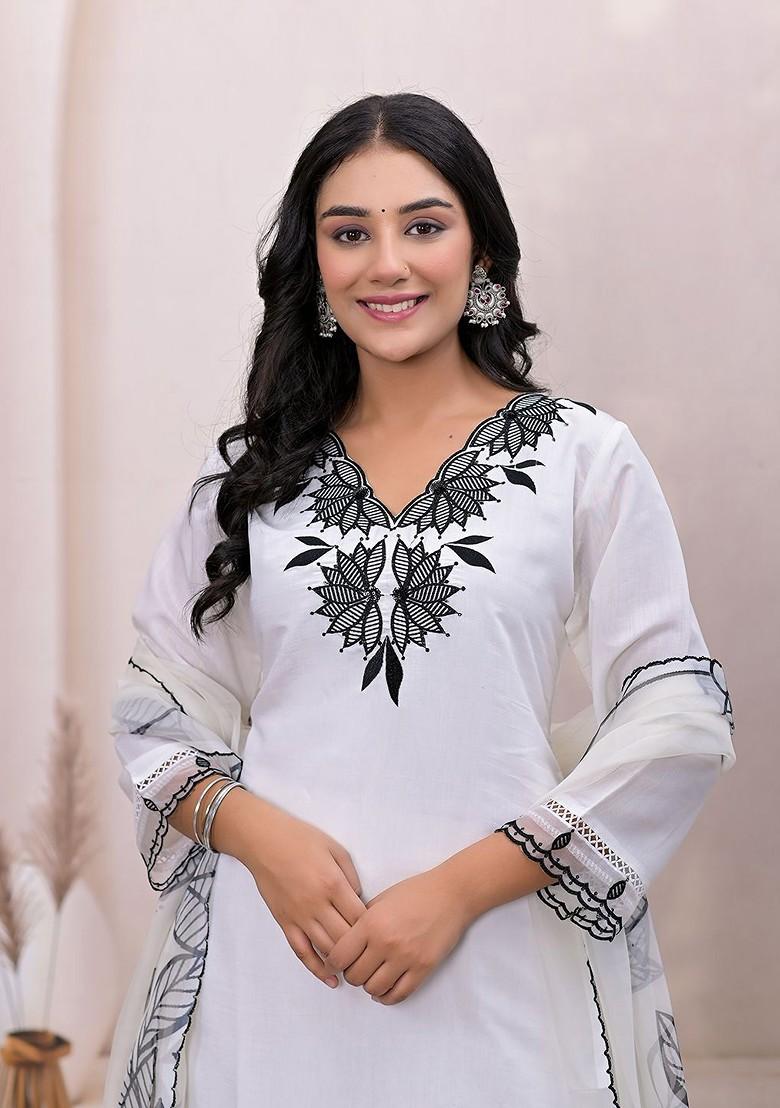 White Embroidered Poly Blend Kurta Set