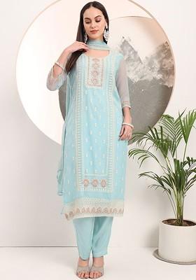 Blue Embroidered Poly Blend Kurta Set