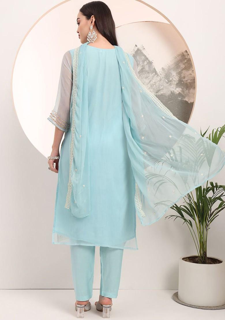 Blue Embroidered Poly Blend Kurta Set