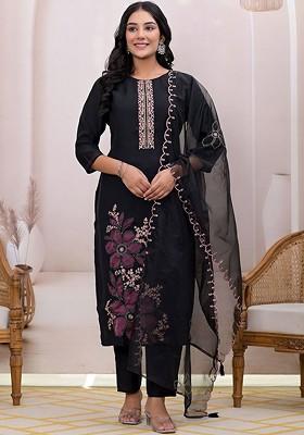 Black Embroidered Poly Blend Kurta Set