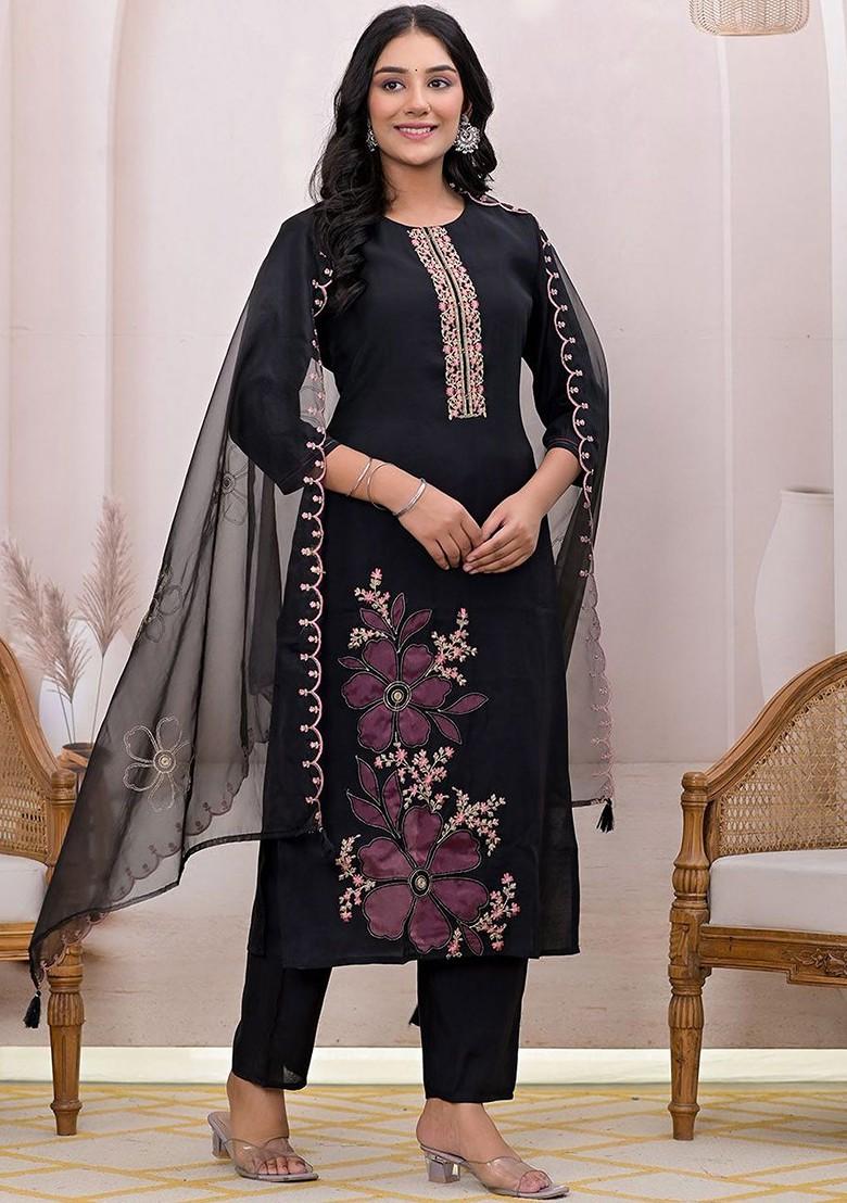 Black Embroidered Poly Blend Kurta Set