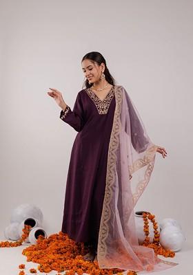 Purple Floral Print Poly Blend Kurta Set