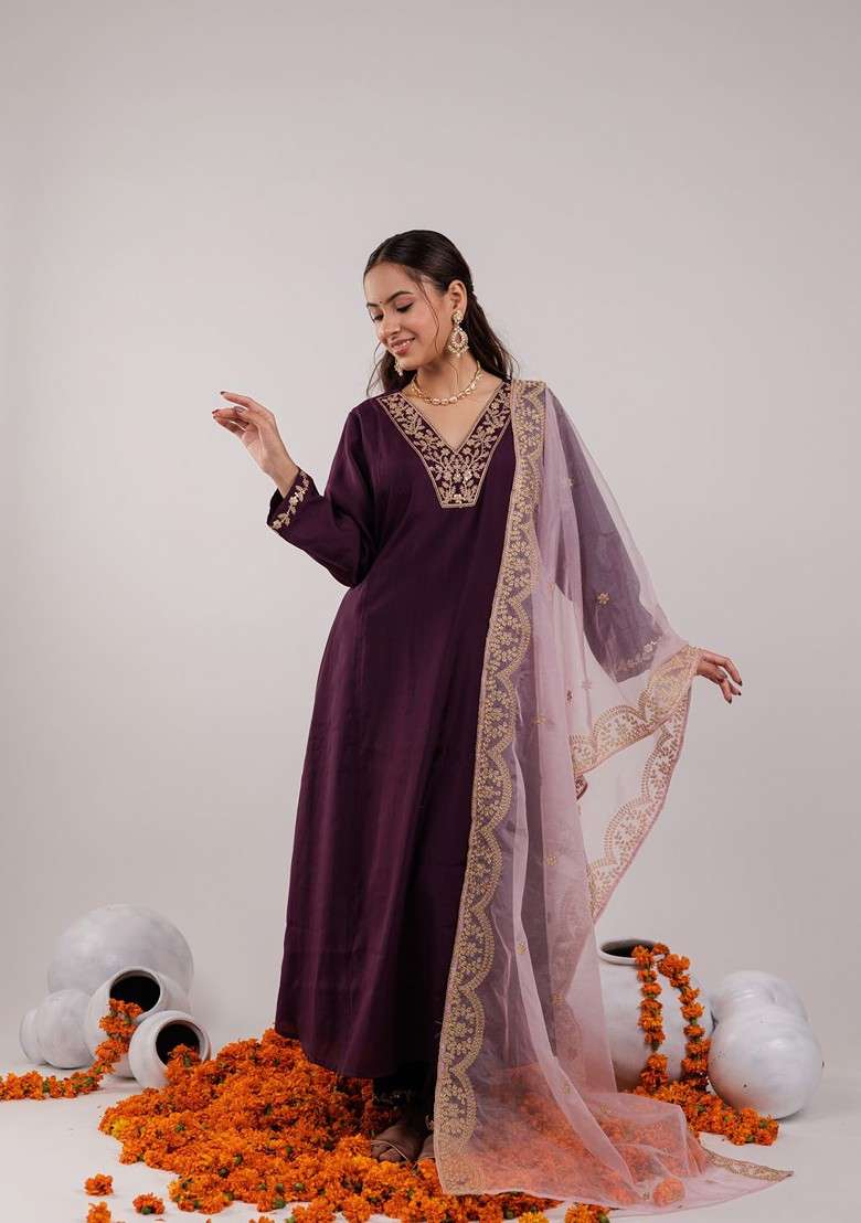Purple Embroidered Poly Anarkali Set - Indya