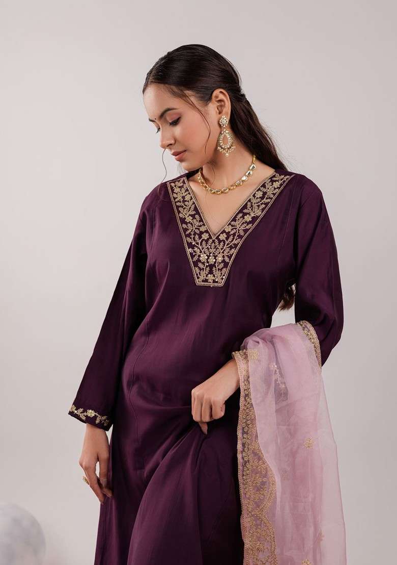 Purple Embroidered Poly Anarkali Set - Indya