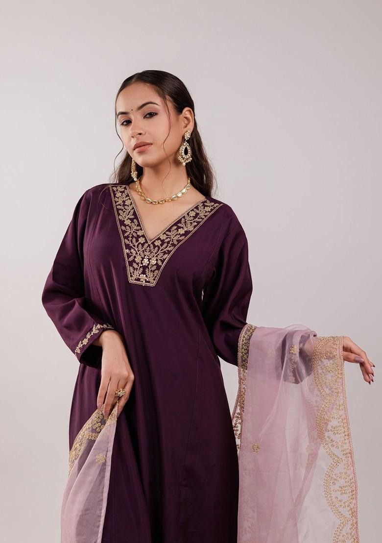 Purple Floral Print Poly Blend Kurta Set