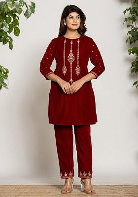 Maroon Embroidered Poly Blend Co-Ord Set