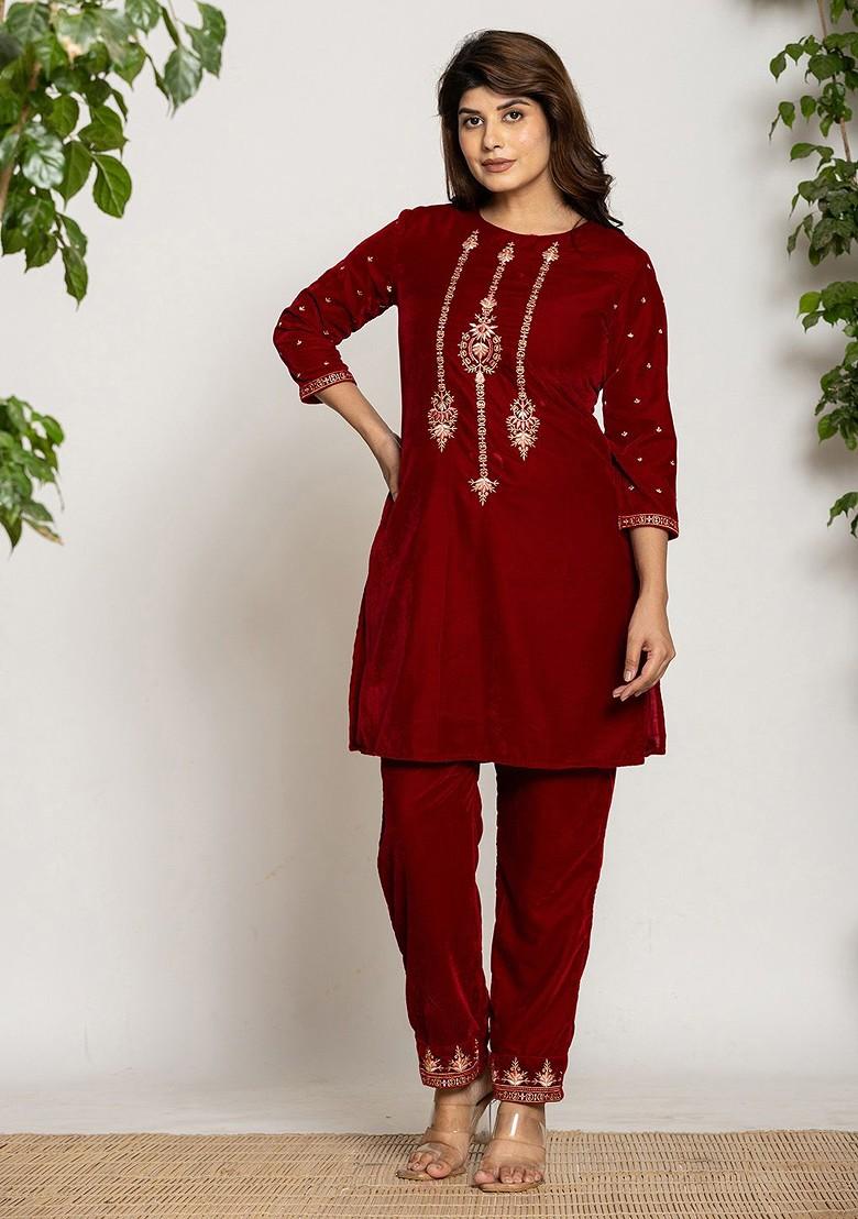 Maroon Embroidered Poly Blend Co-Ord Set