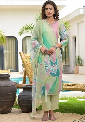 Green Floral Print Poly Blend Kurta Set