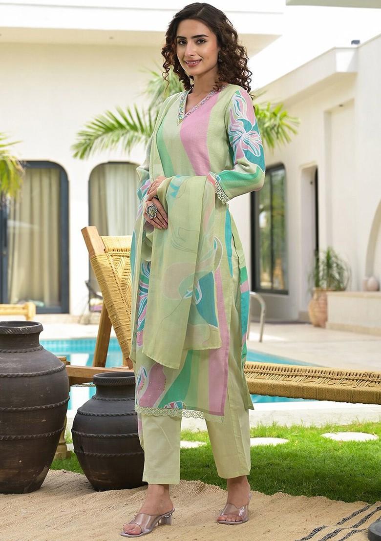 Green Floral Print Poly Blend Kurta Set