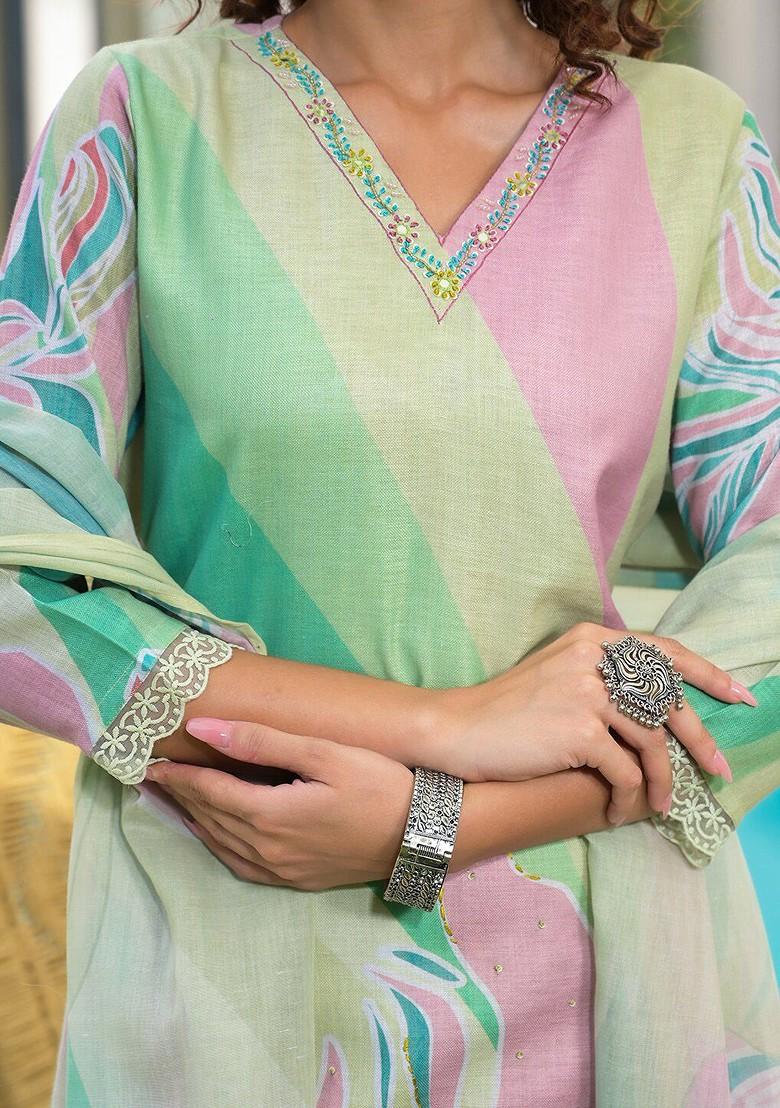 Green Floral Print Poly Blend Kurta Set