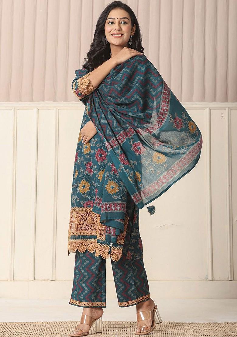 Teal Floral Print Cotton Kurta Set
